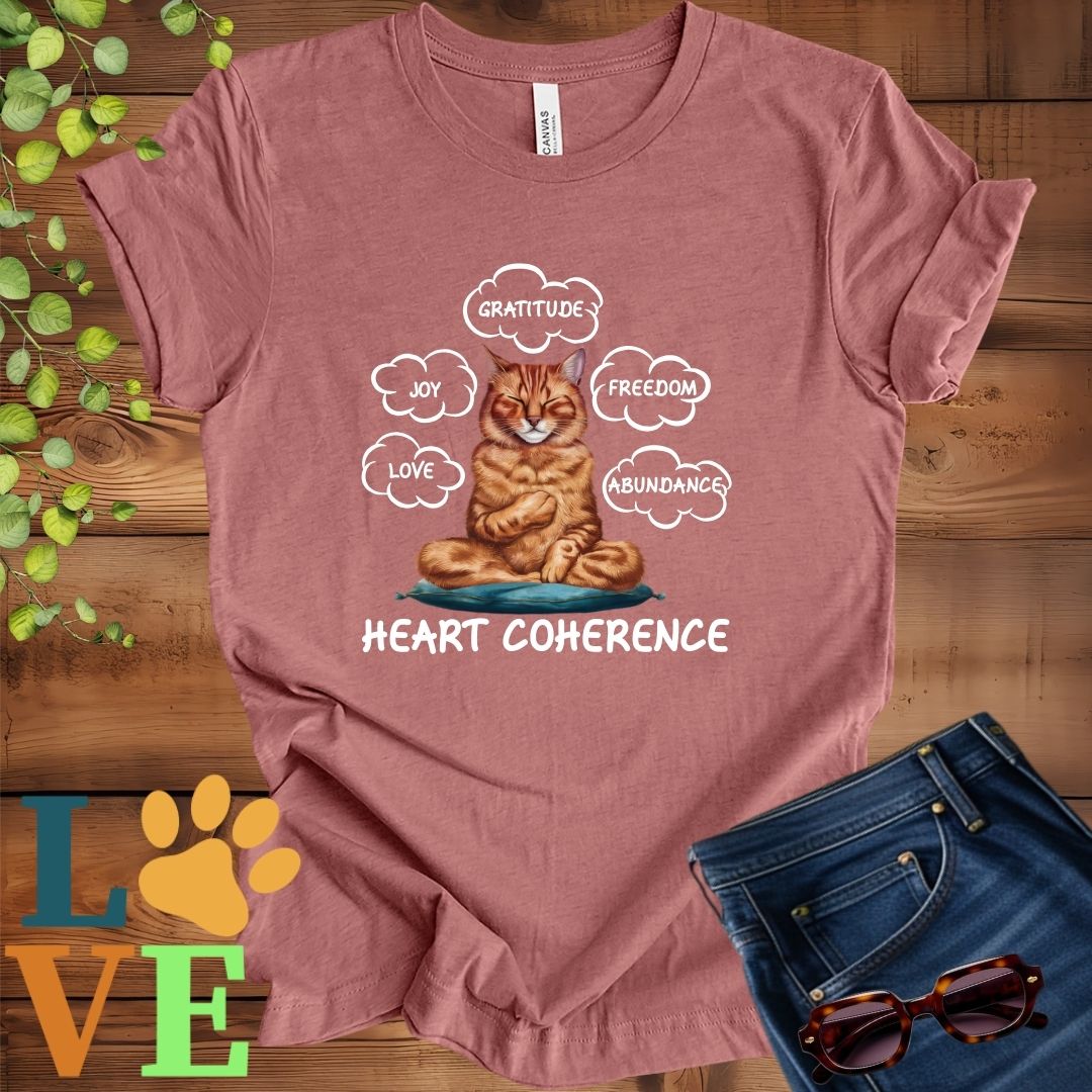 Muted mauve-purple (heather mauve) t-shirt with a meditating Abyssinian cat, surrounded by floating emotion bubbles labelled love, joy, gratitude, freedom, abundance, and 'Heart Coherence' slogan.
