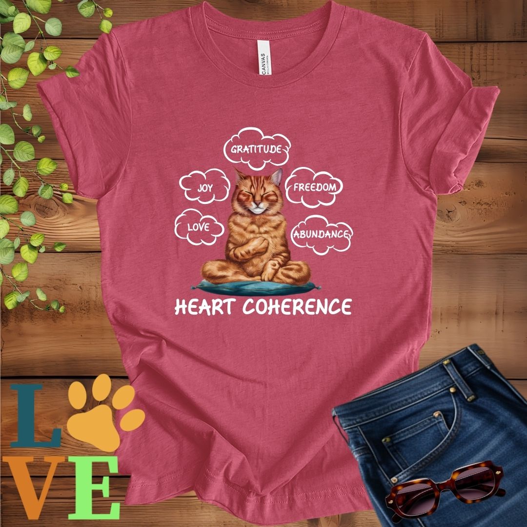 Muted raspberry pink (heather raspberry) t-shirt with a meditating Abyssinian cat, surrounded by floating emotion bubbles labelled love, joy, gratitude, freedom, abundance, and 'Heart Coherence' slogan.
