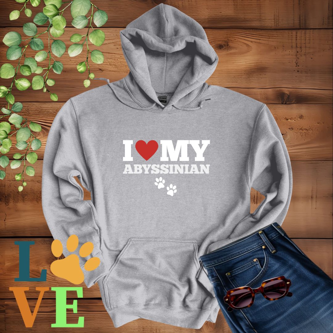 Gray hoodie with 'I ❤️ MY AYSSINIAN' text on a wooden background