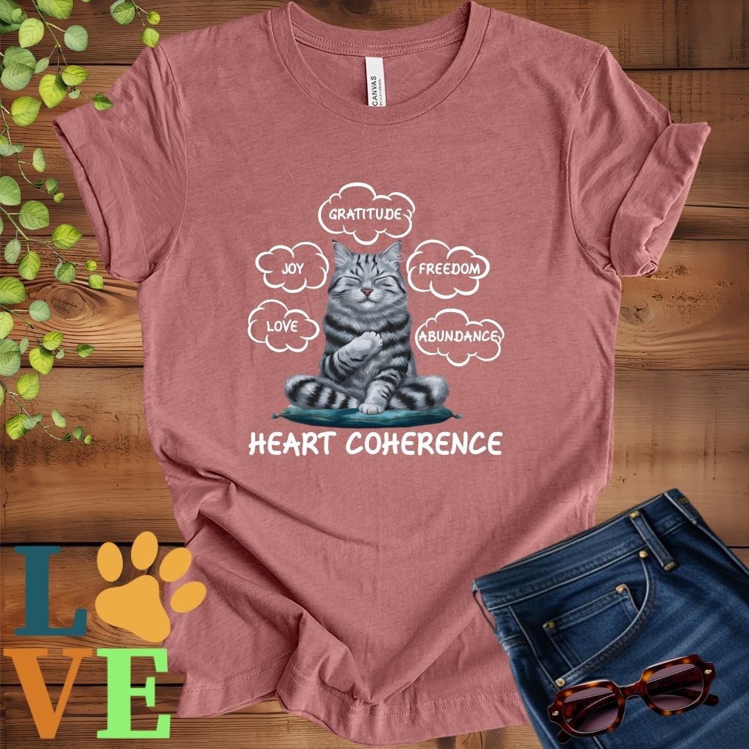 Muted mauve-purple (heather mauve) t-shirt with a meditating American Shorthair cat, surrounded by floating emotion bubbles labelled love, joy, gratitude, freedom, abundance, and 'Heart Coherence' slogan.