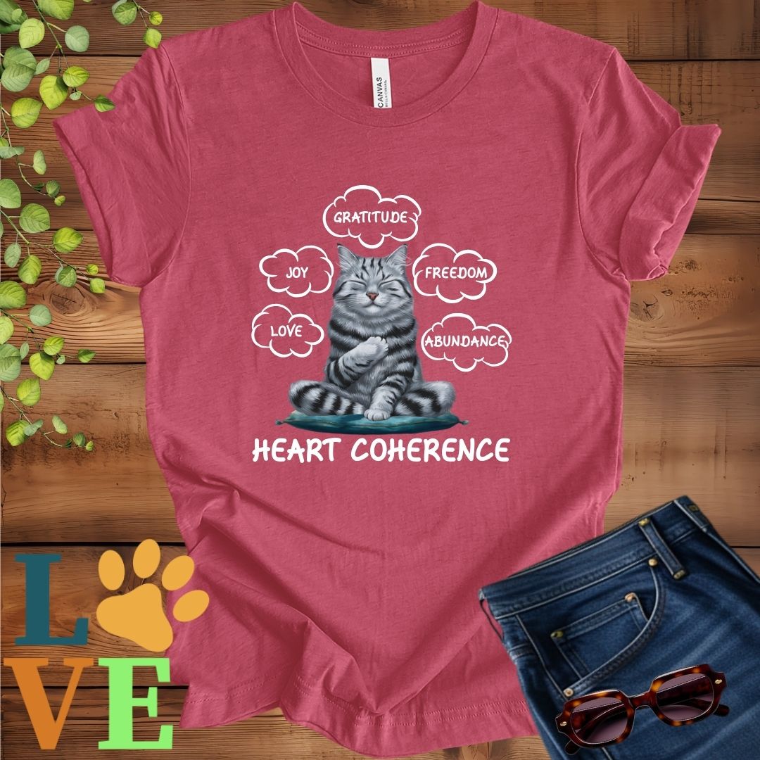 Muted raspberry pink (heather raspberry) t-shirt with a meditating American Shorthair cat, surrounded by floating emotion bubbles labelled love, joy, gratitude, freedom, abundance, and 'Heart Coherence' slogan.