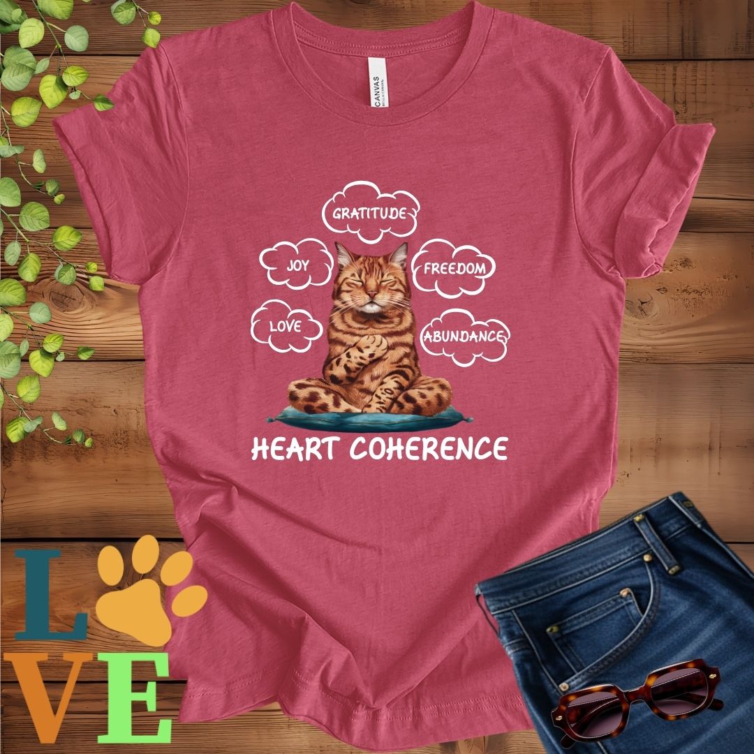 Muted raspberry pink (heather raspberry) t-shirt with a meditating Bengal cat, surrounded by floating emotion bubbles labelled love, joy, gratitude, freedom, abundance, and 'Heart Coherence' slogan.