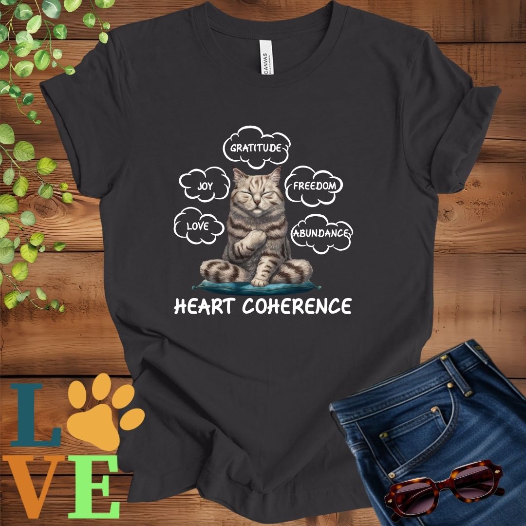 Dark grey heather t-shirt with a meditating British Shorthair cat, surrounded by floating emotion bubbles labelled love, joy, gratitude, freedom, abundance, and 'Heart Coherence' slogan.