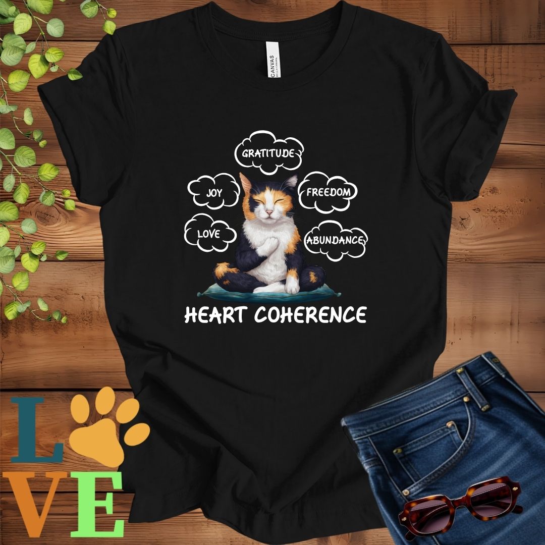 Black t-shirt with a meditating calico cat, surrounded by floating emotion bubbles labelled love, joy, gratitude, freedom, abundance, and 'Heart Coherence' slogan.