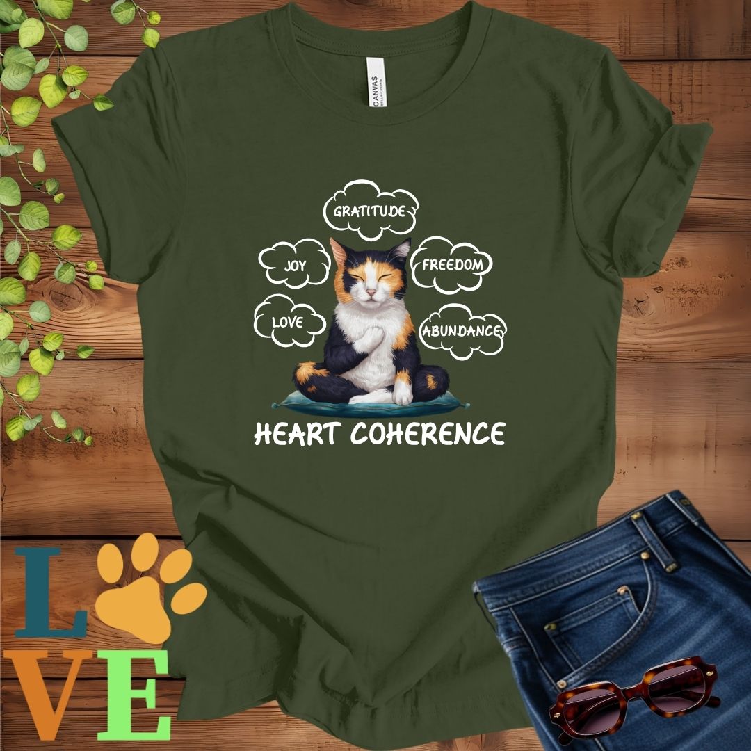 Olive green (military green) t-shirt with a meditating calico cat, surrounded by floating emotion bubbles labelled love, joy, gratitude, freedom, abundance, and 'Heart Coherence' slogan.