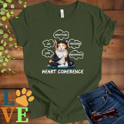 Olive green (military green) t-shirt with a meditating calico cat, surrounded by floating emotion bubbles labelled love, joy, gratitude, freedom, abundance, and 'Heart Coherence' slogan.