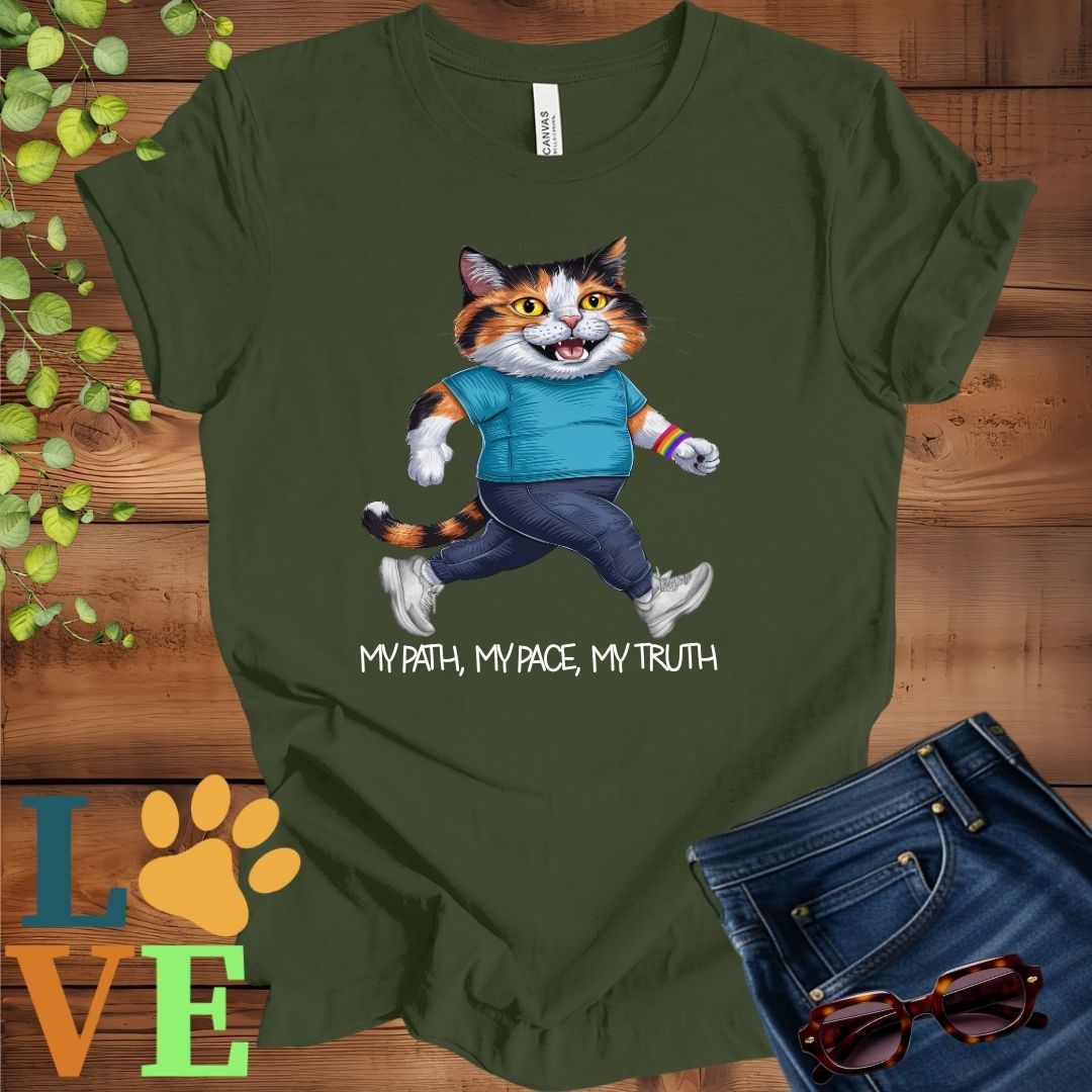 Olive green (military green) t-shirt featuring an anthropomorphic calico cat in exercise wear walking confidently with the slogan, "My path, my pace, my truth."


