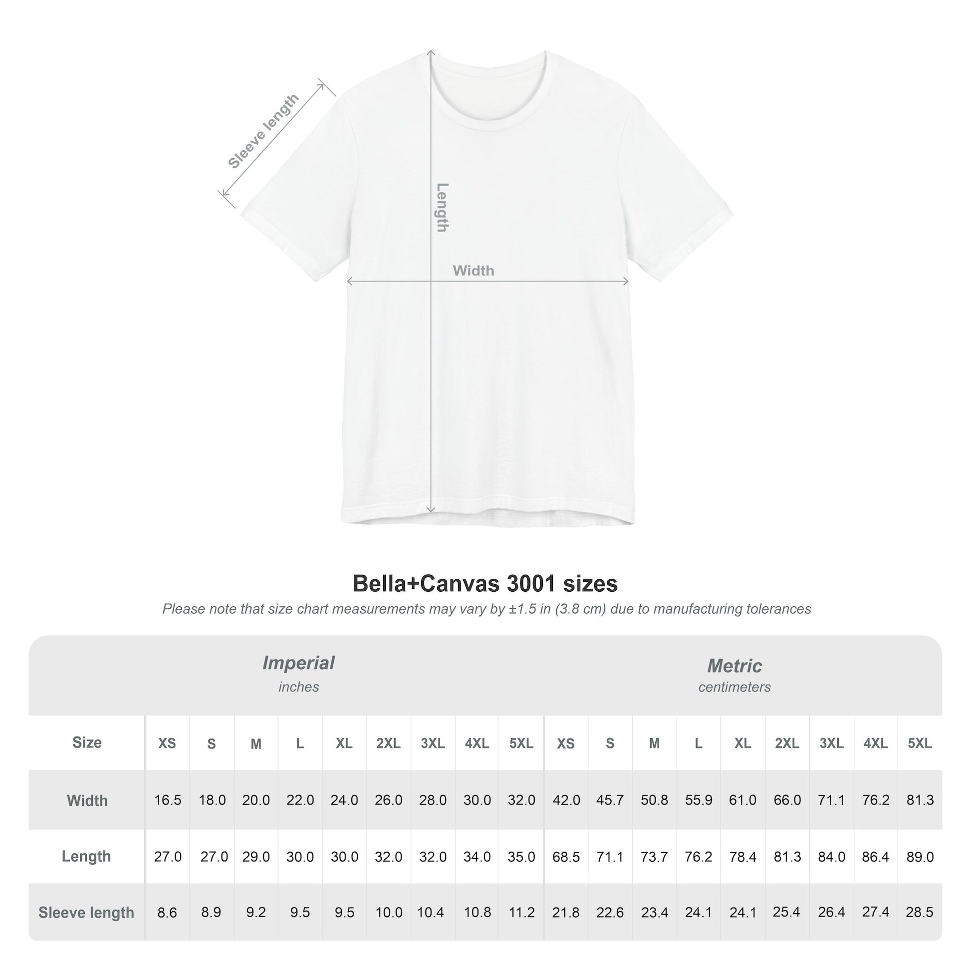 White t-shirt with size chart on a white background