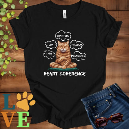 Black t-shirt with a meditating ginger cat, surrounded by floating emotion bubbles labelled love, joy, gratitude, freedom, abundance, and 'Heart Coherence' slogan.