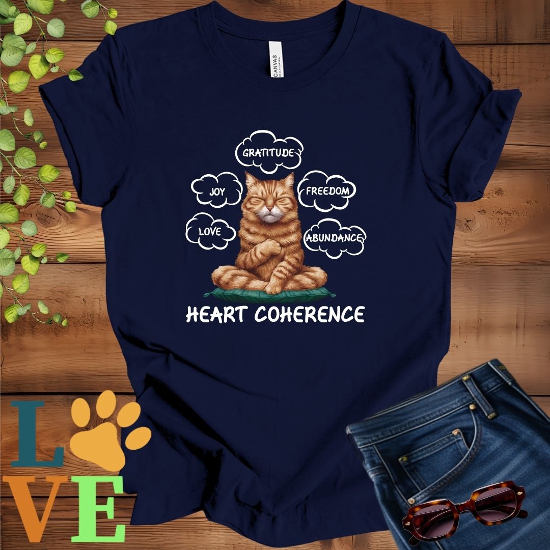 Navy Blue t-shirt with a meditating ginger cat, surrounded by floating emotion bubbles labelled love, joy, gratitude, freedom, abundance, and 'Heart Coherence' slogan.