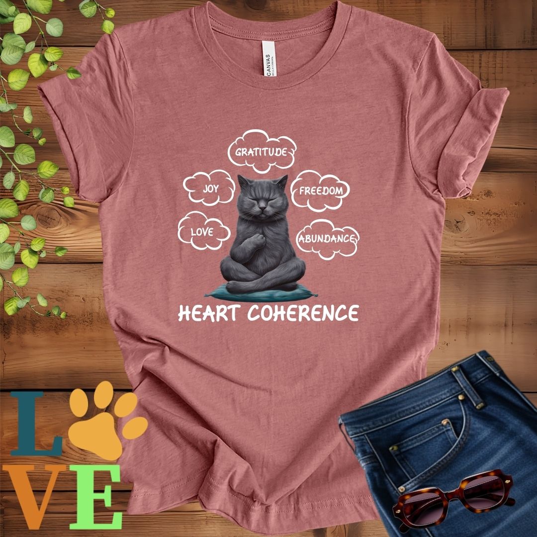 Muted mauve-purple (heather mauve) t-shirt with a meditating gray British Shorthair cat, surrounded by floating emotion bubbles labelled love, joy, gratitude, freedom, abundance, and 'Heart Coherence' slogan.
