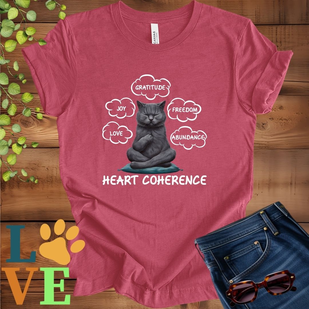 Muted raspberry pink (heather raspberry) t-shirt with a meditating gray British Shorthair cat, surrounded by floating emotion bubbles labelled love, joy, gratitude, freedom, abundance, and 'Heart Coherence' slogan.