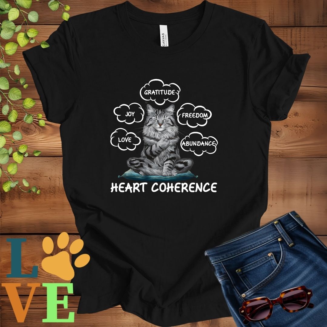 Black t-shirt with a meditating Maine Coon cat, surrounded by floating emotion bubbles labelled love, joy, gratitude, freedom, abundance, and 'Heart Coherence' slogan.