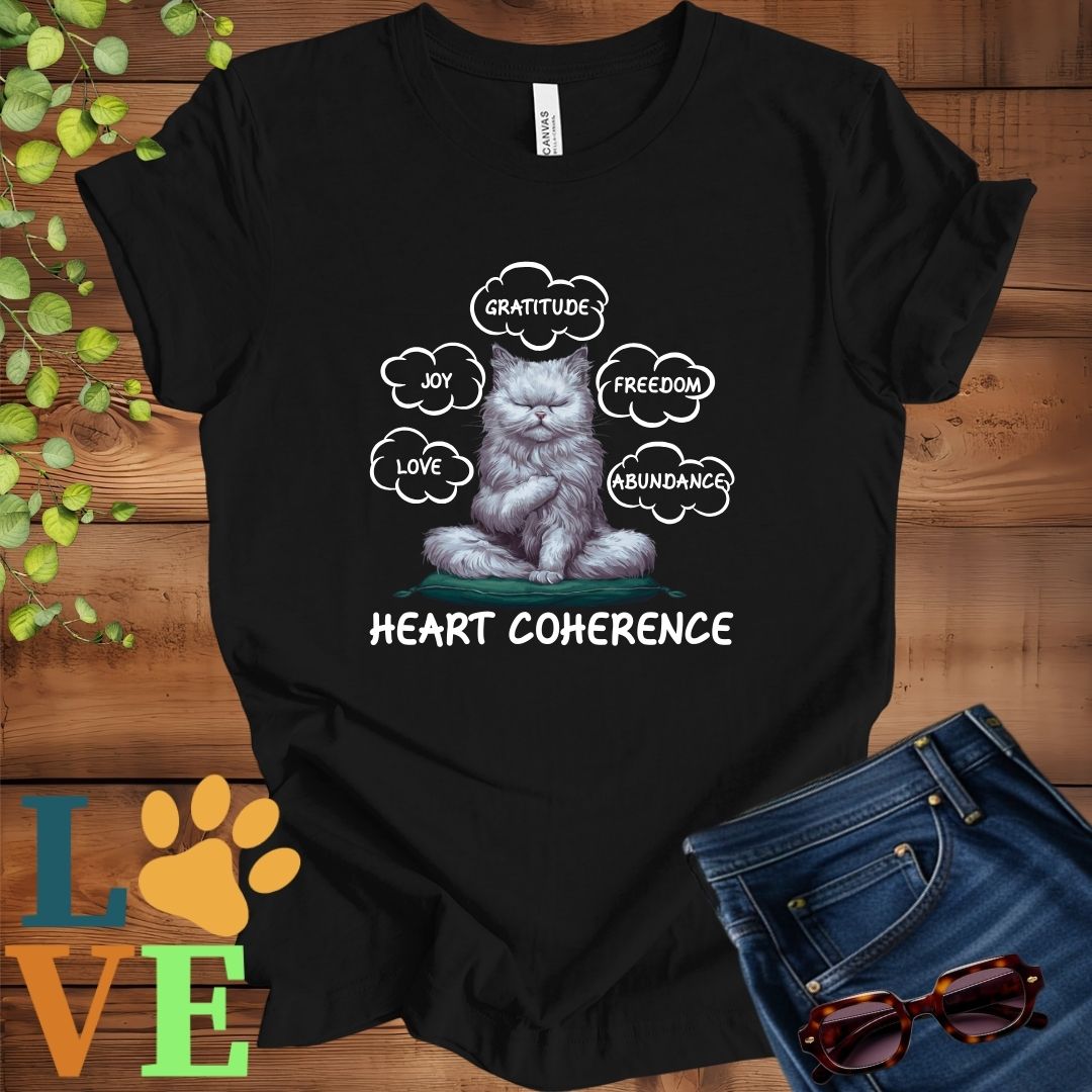 Black t-shirt with a meditating Persian cat, surrounded by floating emotion bubbles labelled love, joy, gratitude, freedom, abundance, and 'Heart Coherence' slogan.