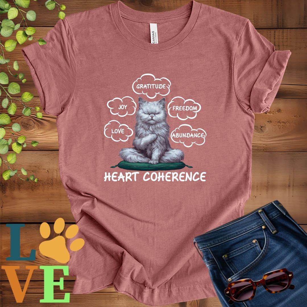 Muted mauve-purple (heather mauve) t-shirt with a meditating Persian cat, surrounded by floating emotion bubbles labelled love, joy, gratitude, freedom, abundance, and 'Heart Coherence' slogan.