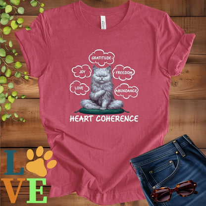 Muted raspberry pink (heather raspberry) t-shirt with a meditating Persian cat, surrounded by floating emotion bubbles labelled love, joy, gratitude, freedom, abundance, and 'Heart Coherence' slogan.