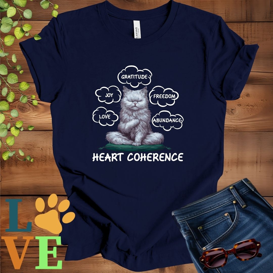 Navy Blue t-shirt with a meditating Persian cat, surrounded by floating emotion bubbles labelled love, joy, gratitude, freedom, abundance, and 'Heart Coherence' slogan.