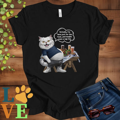 Black t-shirt with an anthropomorphic Persian cat, standing in front of a table with food and drinks, showing its pot belly and humorous speech bubble message.