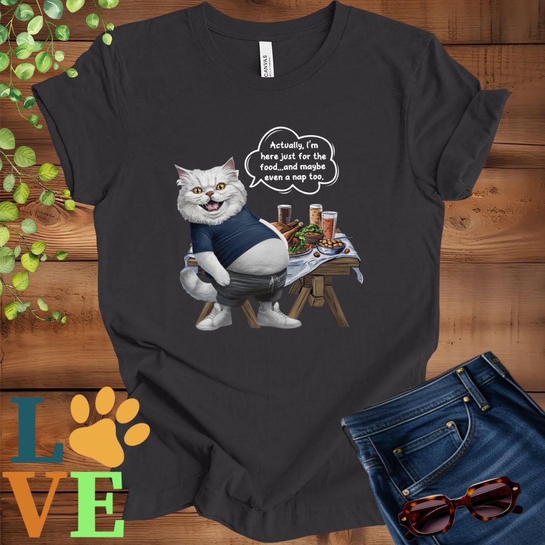 Dark grey heather t-shirt with an anthropomorphic Persian cat, standing in front of a table with food and drinks, showing its pot belly and humorous speech bubble message.
