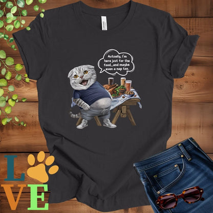 Dark grey heather t-shirt with an anthropomorphic Scottish Fold cat, standing in front of a table with food and drinks, showing its pot belly and humorous speech bubble message.