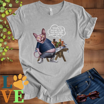 Light grey heather (athletic heather) t-shirt with an anthropomorphic Sphynx cat, standing in front of a table with food and drinks, showing its pot belly and humorous speech bubble message.