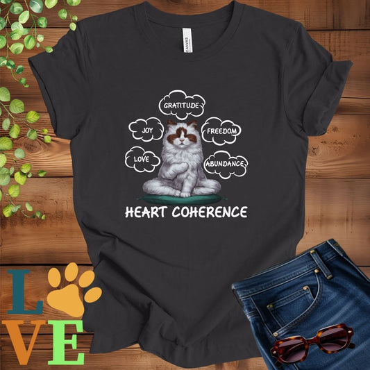 Dark grey heather t-shirt with a meditating Ragdoll cat, surrounded by floating emotion bubbles labelled love, joy, gratitude, freedom, abundance, and 'Heart Coherence' slogan.