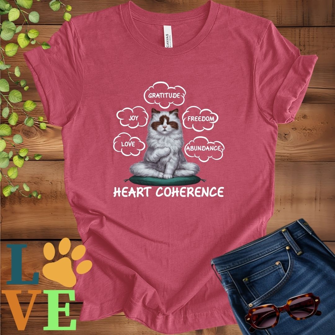 Muted raspberry pink (heather raspberry) t-shirt with a meditating Ragdoll cat, surrounded by floating emotion bubbles labelled love, joy, gratitude, freedom, abundance, and 'Heart Coherence' slogan.
