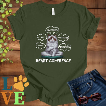 Olive green (military green) t-shirt with a meditating Ragdoll cat, surrounded by floating emotion bubbles labelled love, joy, gratitude, freedom, abundance, and 'Heart Coherence' slogan.
