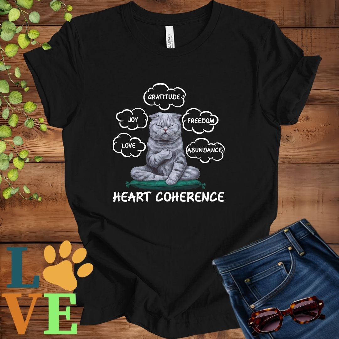 Black t-shirt with a meditating Scottish Fold cat, surrounded by floating emotion bubbles labelled love, joy, gratitude, freedom, abundance, and 'Heart Coherence' slogan.