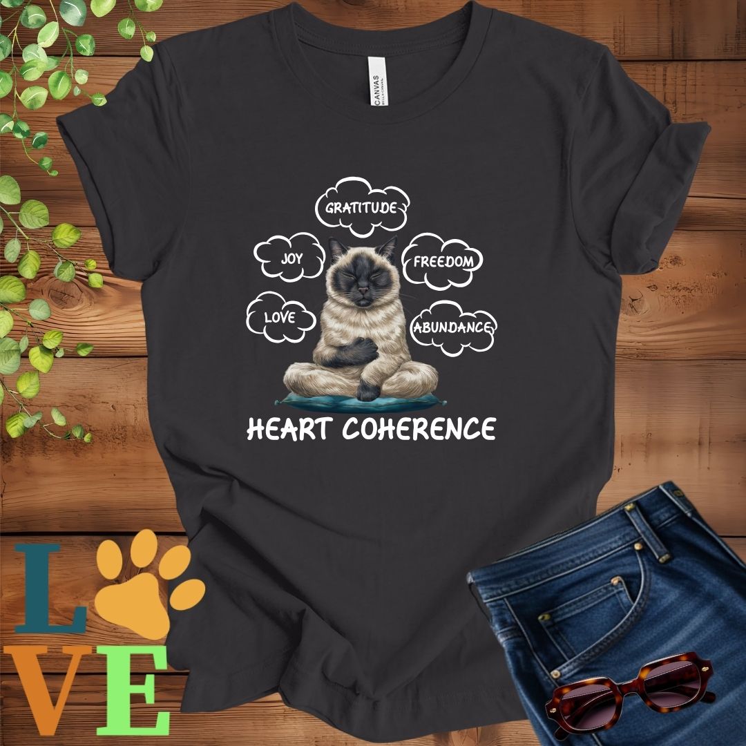 Dark grey heather t-shirt with a meditating Siamese cat, surrounded by floating emotion bubbles labelled love, joy, gratitude, freedom, abundance, and 'Heart Coherence' slogan.