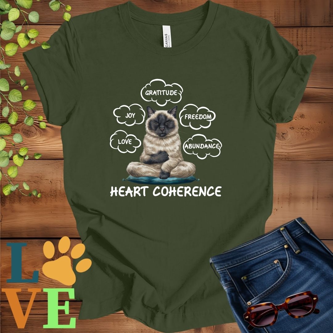 Olive green (military green) t-shirt with a meditating Siamese cat, surrounded by floating emotion bubbles labelled love, joy, gratitude, freedom, abundance, and 'Heart Coherence' slogan.