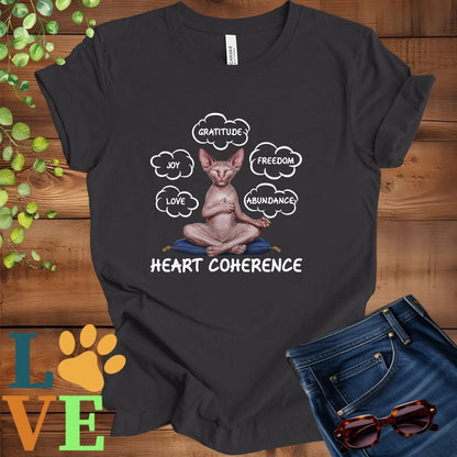 Dark grey heather t-shirt with a meditating Sphynx cat, surrounded by floating emotion bubbles labelled love, joy, gratitude, freedom, abundance, and 'Heart Coherence' slogan.