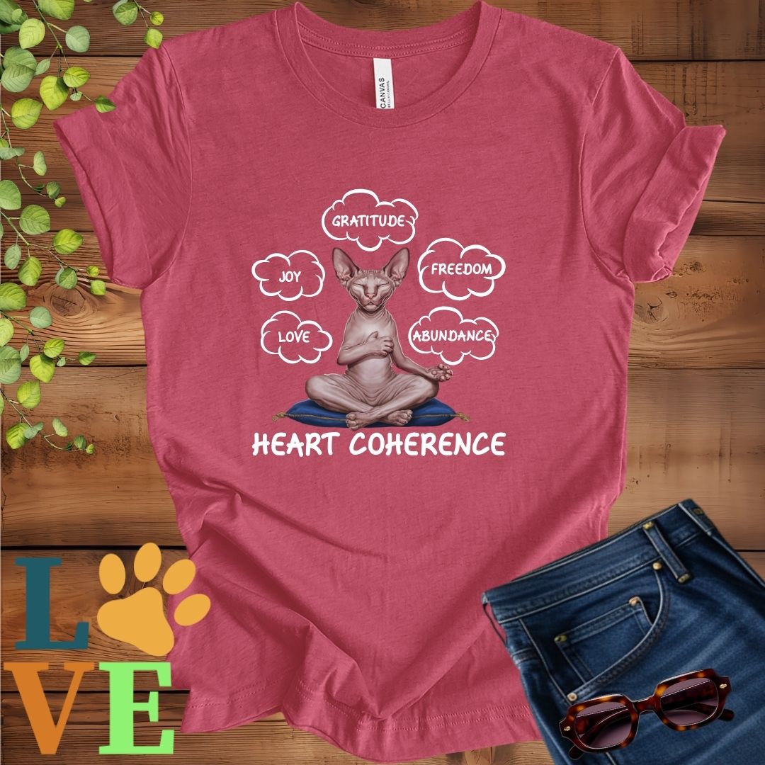 Muted raspberry pink (heather raspberry) t-shirt with a meditating Sphynx cat, surrounded by floating emotion bubbles labelled love, joy, gratitude, freedom, abundance, and 'Heart Coherence' slogan.