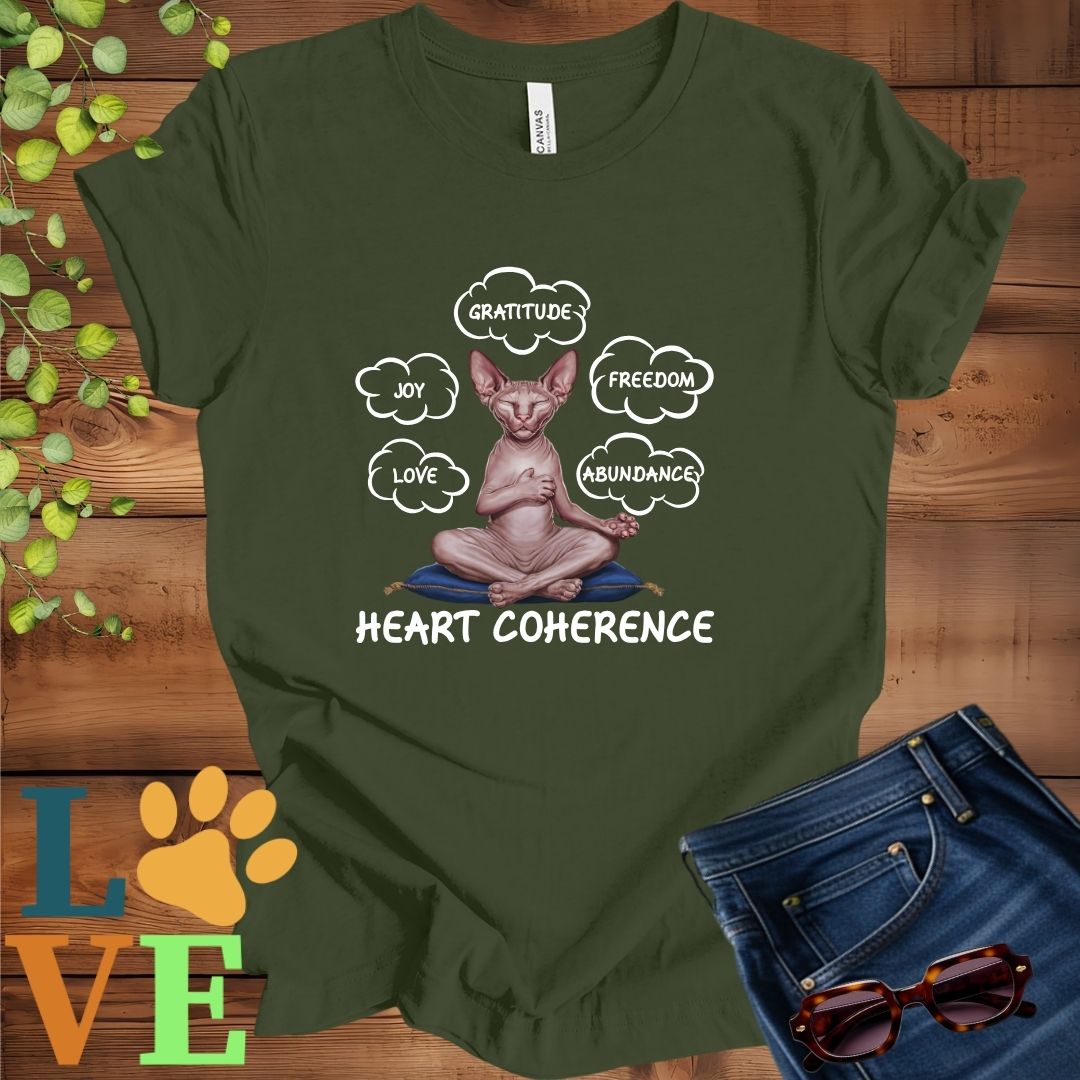 Olive green (military green) t-shirt with a meditating Sphynx cat, surrounded by floating emotion bubbles labelled love, joy, gratitude, freedom, abundance, and 'Heart Coherence' slogan.