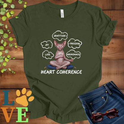 Olive green (military green) t-shirt with a meditating Sphynx cat, surrounded by floating emotion bubbles labelled love, joy, gratitude, freedom, abundance, and 'Heart Coherence' slogan.