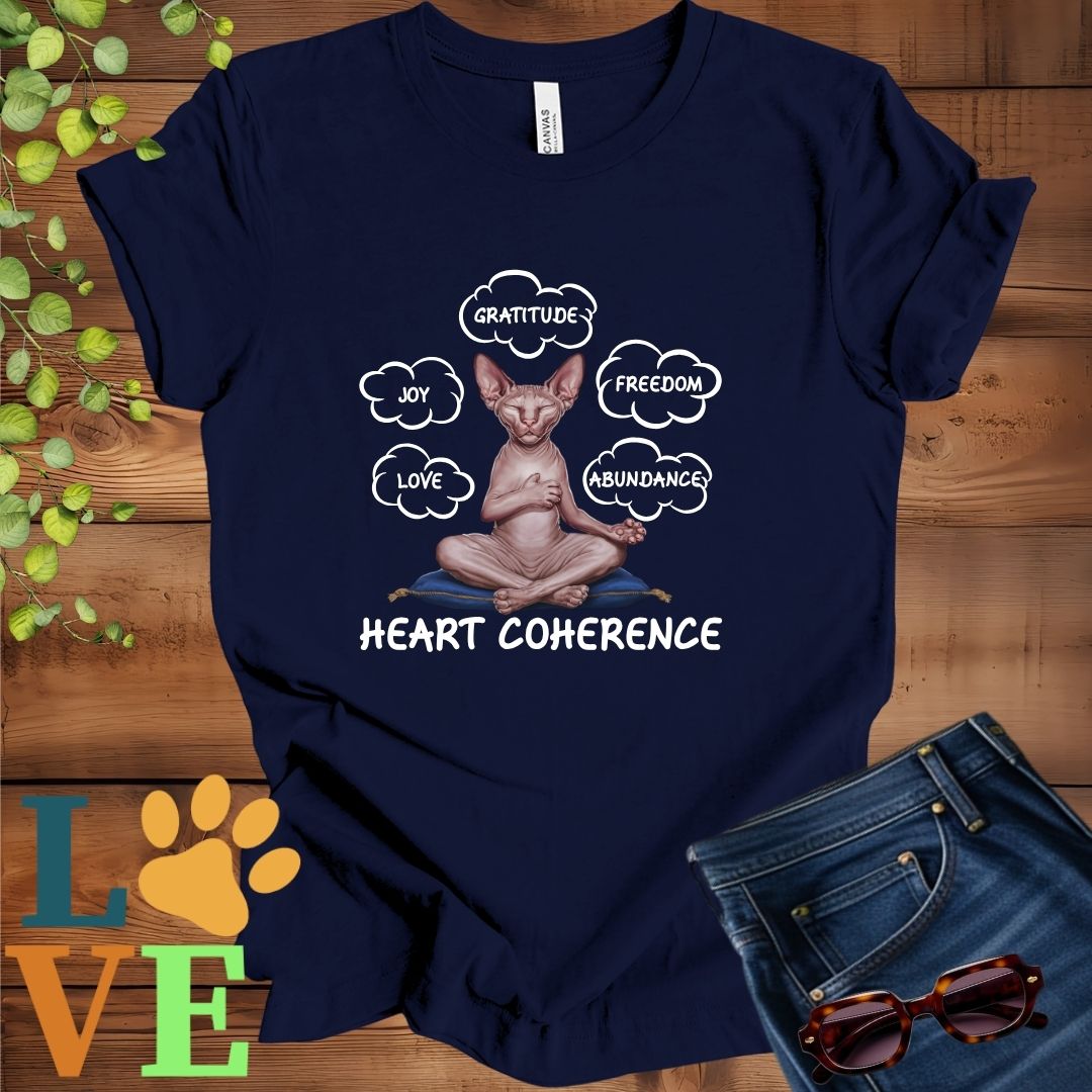 Navy Blue t-shirt with a meditating Sphynx cat, surrounded by floating emotion bubbles labelled love, joy, gratitude, freedom, abundance, and 'Heart Coherence' slogan.