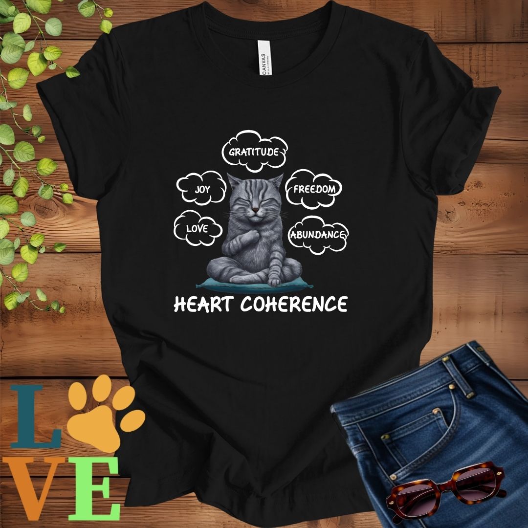 Black t-shirt with a meditating tabby cat, surrounded by floating emotion bubbles labelled love, joy, gratitude, freedom, abundance, and 'Heart Coherence' slogan.