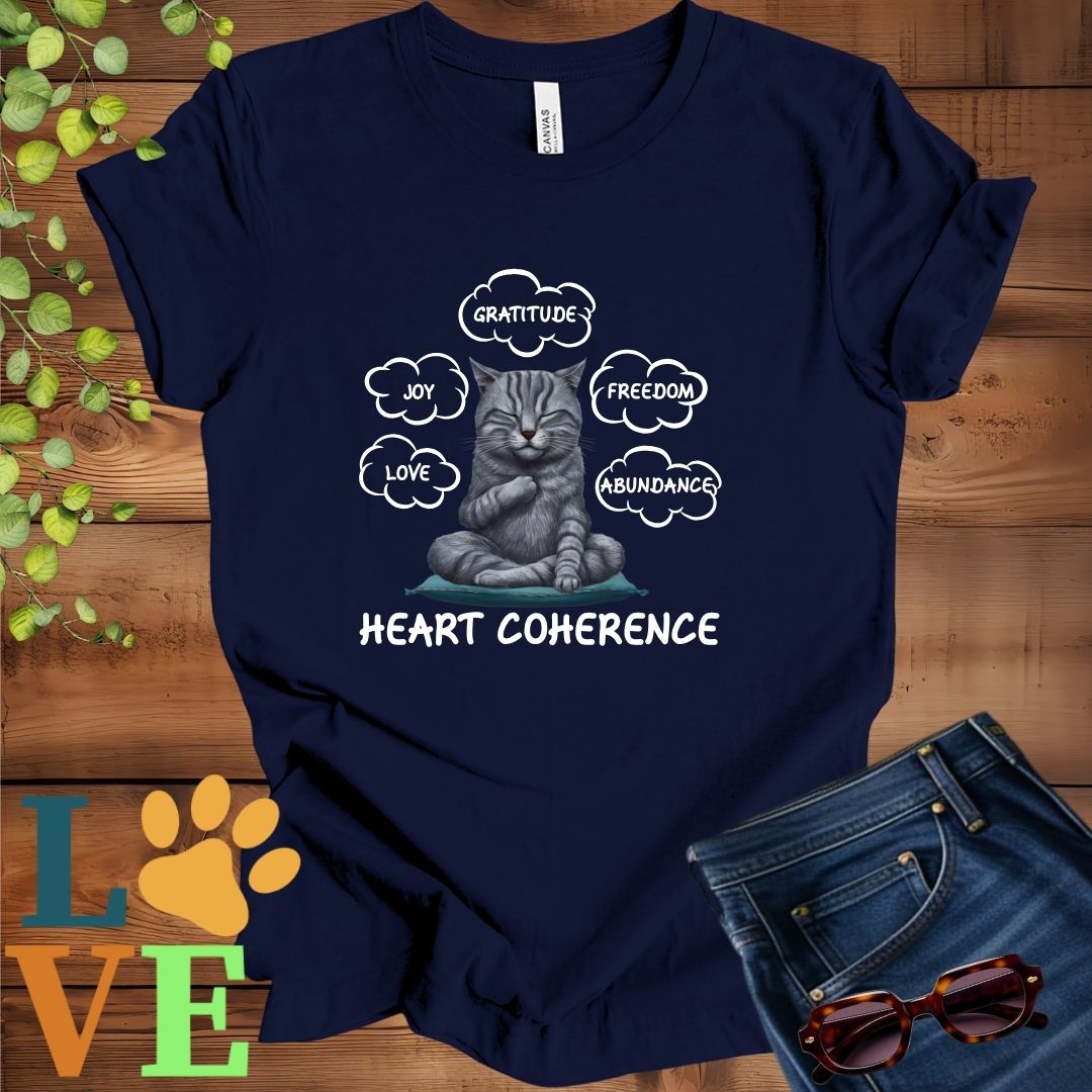 Navy Blue t-shirt with a meditating tabby cat, surrounded by floating emotion bubbles labelled love, joy, gratitude, freedom, abundance, and 'Heart Coherence' slogan.