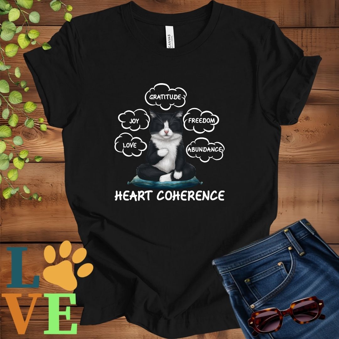 Black t-shirt with a meditating tuxedo cat, surrounded by floating emotion bubbles labelled love, joy, gratitude, freedom, abundance, and 'Heart Coherence' slogan.