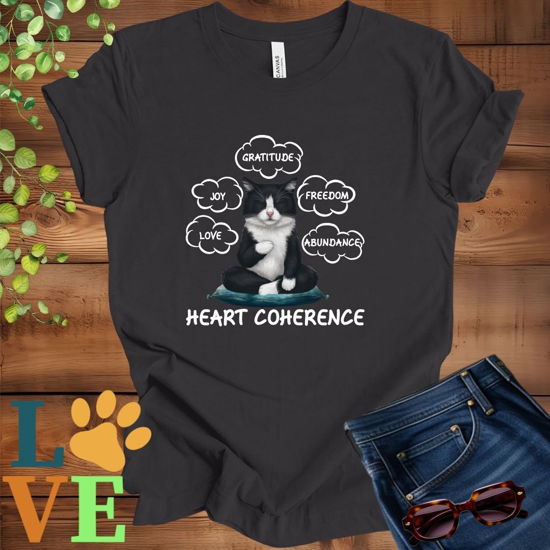 Dark grey heather t-shirt with a meditating tuxedo cat, surrounded by floating emotion bubbles labelled love, joy, gratitude, freedom, abundance, and 'Heart Coherence' slogan.