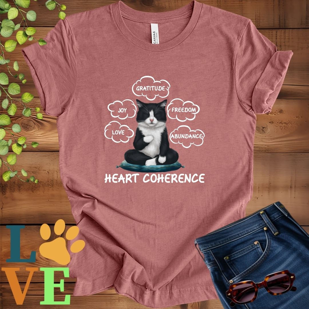 Muted mauve-purple (heather mauve) t-shirt with a meditating tuxedo cat, surrounded by floating emotion bubbles labelled love, joy, gratitude, freedom, abundance, and 'Heart Coherence' slogan.