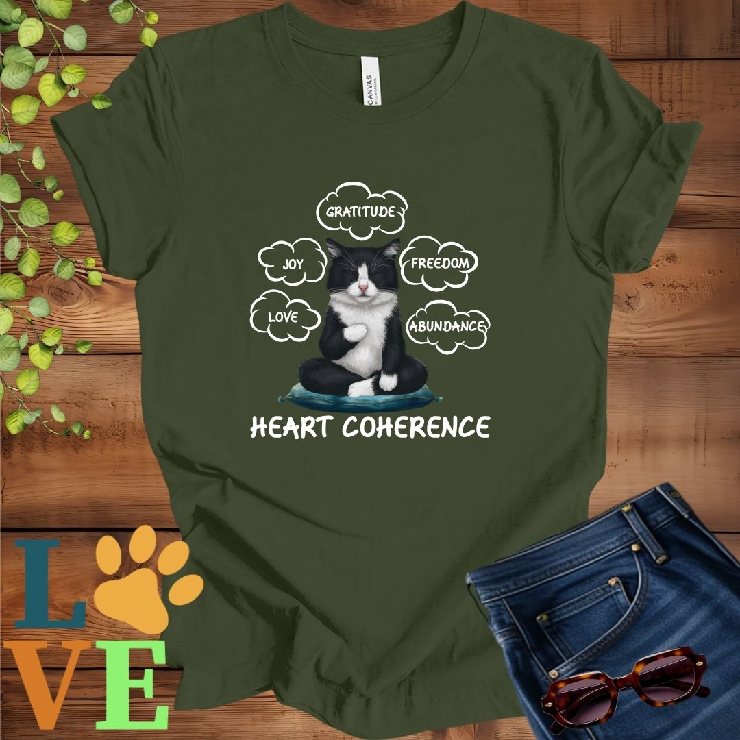 Olive green (military green) t-shirt with a meditating tuxedo cat, surrounded by floating emotion bubbles labelled love, joy, gratitude, freedom, abundance, and 'Heart Coherence' slogan.
