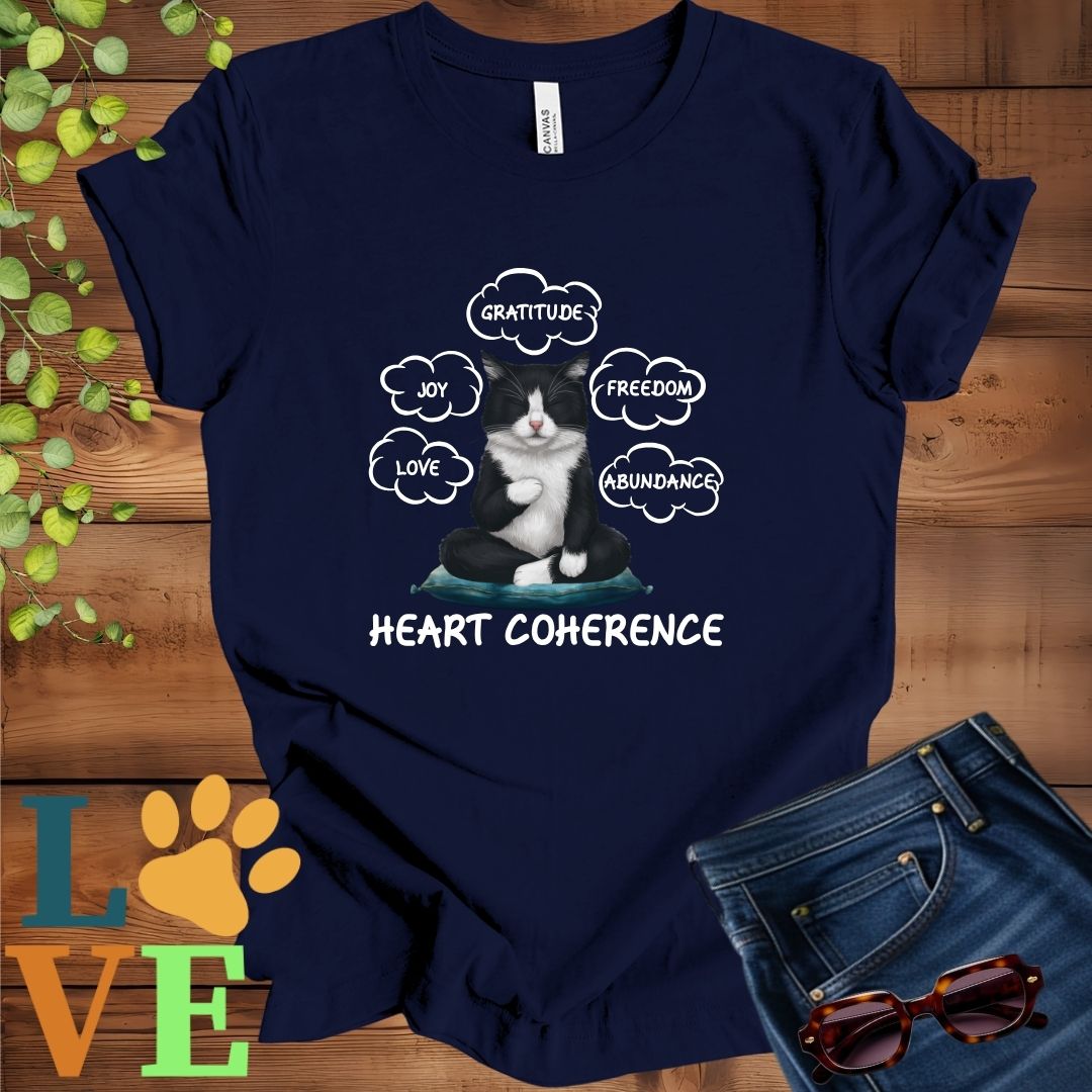 Navy blue t-shirt with a meditating tuxedo cat, surrounded by floating emotion bubbles labelled love, joy, gratitude, freedom, abundance, and 'Heart Coherence' slogan.